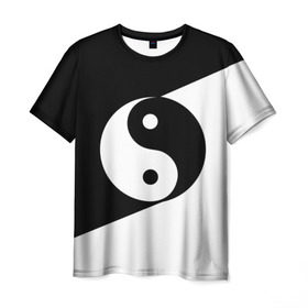 Мужская футболка 3D с принтом Инь - янь (#1) в Санкт-Петербурге, 100% полиэфир | прямой крой, круглый вырез горловины, длина до линии бедер | black | signs | white. | ying   yang | белый | знаки | инь   янь | чёрный