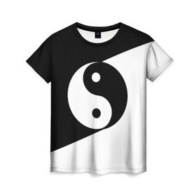 Женская футболка 3D с принтом Инь - янь (#1) в Санкт-Петербурге, 100% полиэфир ( синтетическое хлопкоподобное полотно) | прямой крой, круглый вырез горловины, длина до линии бедер | black | signs | white. | ying   yang | белый | знаки | инь   янь | чёрный