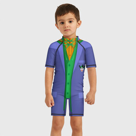 Детский купальный костюм 3D с принтом Joker в Санкт-Петербурге, Полиэстер 85%, Спандекс 15% | застежка на молнии на спине | batman | costume | harley | harley quinn | joker | quinn | бетмен | джокер | квинн | костюм джокера | костюм харли | харли | харли квинн