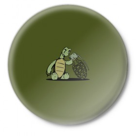 Значок с принтом Черепаха с гранатой в Санкт-Петербурге,  металл | круглая форма, металлическая застежка в виде булавки | Тематика изображения на принте: 