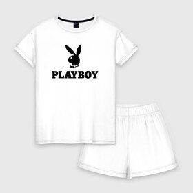 Женская пижама с шортиками хлопок с принтом Playboy в Санкт-Петербурге, 100% хлопок | футболка прямого кроя, шорты свободные с широкой мягкой резинкой | brazzers | cекс | merch | new sensations | playboy | private | tushy | бразерс | мерч | плейбой