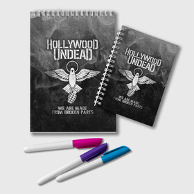 Блокнот с принтом Hollywood Undead в Санкт-Петербурге, 100% бумага | 48 листов, плотность листов — 60 г/м2, плотность картонной обложки — 250 г/м2. Листы скреплены удобной пружинной спиралью. Цвет линий — светло-серый
 | Тематика изображения на принте: charlie scene | danny | funny man | hollywood undead | hu | j dog | johnny 3 tears | голливудская нежить | голубь | голубь с гранатой | граната | ню метал | рэп метал | рэп рок