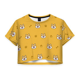 Женская футболка Cropp-top с принтом Сиба-ину. Акита-ину. (Жёлтая) в Санкт-Петербурге, 100% полиэстер | круглая горловина, длина футболки до линии талии, рукава с отворотами | сиба ину