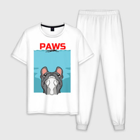 Мужская пижама хлопок с принтом PAWS в Санкт-Петербурге, 100% хлопок | брюки и футболка прямого кроя, без карманов, на брюках мягкая резинка на поясе и по низу штанин
 | animal | bulldog | cute | dog | jaws | paws | pet | pog | sea | swim | бульдог | лапки | лапы | мопс | море | питомец | собака | челюсти