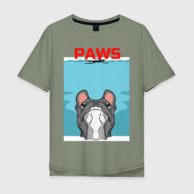 Мужская футболка хлопок Oversize с принтом PAWS в Санкт-Петербурге, 100% хлопок | свободный крой, круглый ворот, “спинка” длиннее передней части | animal | bulldog | cute | dog | jaws | paws | pet | pog | sea | swim | бульдог | лапки | лапы | мопс | море | питомец | собака | челюсти