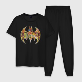 Мужская пижама хлопок с принтом BAT logo в Санкт-Петербурге, 100% хлопок | брюки и футболка прямого кроя, без карманов, на брюках мягкая резинка на поясе и по низу штанин
 | bat man | batman | batman comics | caped crusader | comics | dark knight | shtatbat | бетмен | брюс уэйн | бэт мен | бэтмен | тёмный рыцарь