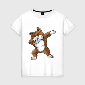 Женская футболка хлопок с принтом Dabbing Pitbull в Санкт-Петербурге, 100% хлопок | прямой крой, круглый вырез горловины, длина до линии бедер, слегка спущенное плечо | animal | animals | beast | dab | dabb | dabbing | dog | pitbull | predator | rap | даб | животное | животные | зверь | пес | питбуль | рэп | собака | хищник