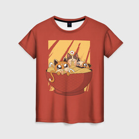 Женская футболка 3D с принтом Котики в Санкт-Петербурге, 100% полиэфир ( синтетическое хлопкоподобное полотно) | прямой крой, круглый вырез горловины, длина до линии бедер | cat | kitty | pasta | ramen | кот | котики | коты | кошка | кошки | лапша | рамен | рамэн
