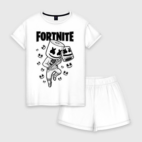 Женская пижама с шортиками хлопок с принтом FORTNITE MARSHMELLO в Санкт-Петербурге, 100% хлопок | футболка прямого кроя, шорты свободные с широкой мягкой резинкой | chapter 2 | fortnite | marshmello | диджей | игры | маршмэллоу | молоток | фортнайт