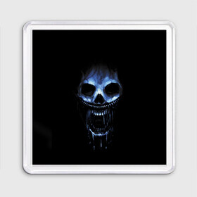 Магнит 55*55 с принтом Ужас в Санкт-Петербурге, Пластик | Размер: 65*65 мм; Размер печати: 55*55 мм | 31 | black | blue | fear | grin | halloween | horror | jaw | night | orbits | saliva | skull | teeth | глазницы | зубы | ночь | оскал | синий | слюна | ужас | хэллоуин | череп | черный
