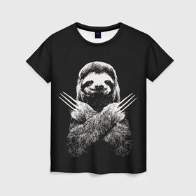 Женская футболка 3D с принтом Slotherine в Санкт-Петербурге, 100% полиэфир ( синтетическое хлопкоподобное полотно) | прямой крой, круглый вырез горловины, длина до линии бедер | animals | wolverine | ленивец | росомаха