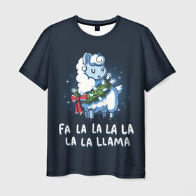 Мужская футболка 3D с принтом Fa-la-lama в Санкт-Петербурге, 100% полиэфир | прямой крой, круглый вырез горловины, длина до линии бедер | Тематика изображения на принте: alpaca | lama | new year | sweater | ugly | альпака | лама | новый год | рождество | свитер