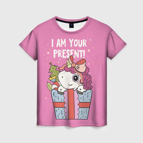 Женская футболка 3D с принтом I am your Present в Санкт-Петербурге, 100% полиэфир ( синтетическое хлопкоподобное полотно) | прямой крой, круглый вырез горловины, длина до линии бедер | 202 | christmas | new year | unicorn | гирлянда | единорог | елка | новый год | подарок | праздник | рождество