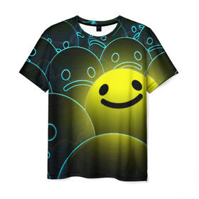 Мужская футболка 3D с принтом НЕОНОВЫЕ СМАЙЛЫ в Санкт-Петербурге, 100% полиэфир | прямой крой, круглый вырез горловины, длина до линии бедер | emoji | настроение | позитив | смайлики | смайлы | стикеры | текстура смайл | улыбки | фон смайл | эмодзи