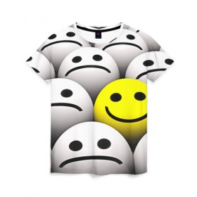 Женская футболка 3D с принтом EMOJI 2019 в Санкт-Петербурге, 100% полиэфир ( синтетическое хлопкоподобное полотно) | прямой крой, круглый вырез горловины, длина до линии бедер | emoji | настроение | позитив | смайлики | смайлы | стикеры | текстура смайл | улыбки | фон смайл | эмодзи