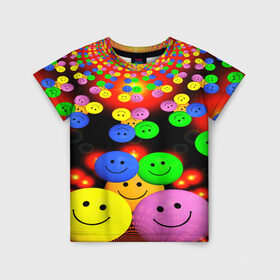 Детская футболка 3D с принтом ЦВЕТНЫЕ СМАЙЛИКИ в Санкт-Петербурге, 100% гипоаллергенный полиэфир | прямой крой, круглый вырез горловины, длина до линии бедер, чуть спущенное плечо, ткань немного тянется | emoji | настроение | позитив | смайлики | смайлы | стикеры | текстура смайл | улыбки | фон смайл | эмодзи