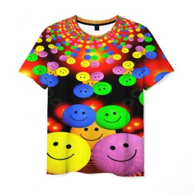 Мужская футболка 3D с принтом ЦВЕТНЫЕ СМАЙЛИКИ в Санкт-Петербурге, 100% полиэфир | прямой крой, круглый вырез горловины, длина до линии бедер | emoji | настроение | позитив | смайлики | смайлы | стикеры | текстура смайл | улыбки | фон смайл | эмодзи