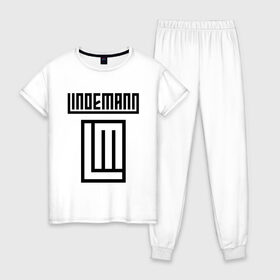 Женская пижама хлопок с принтом LINDEMANN в Санкт-Петербурге, 100% хлопок | брюки и футболка прямого кроя, без карманов, на брюках мягкая резинка на поясе и по низу штанин | lindeman | lindemann | logo | music | pain | rammstein | rock | rumstein | till | группа | линдеман | линдеманн | лого | логотип | метал | музыка | пэйн | раммштайн | рамштаин | рамштайн | рок | символ | тилль