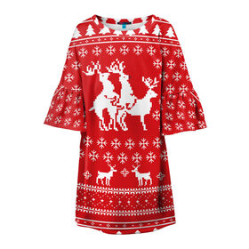 Детское платье 3D с принтом СВИТЕР С ОЛЕНЯМИ в Санкт-Петербурге, 100% полиэстер | прямой силуэт, чуть расширенный к низу. Круглая горловина, на рукавах — воланы | christmas | new year | winter | дед мороз | зима | ирония | клауз | клаус | новый год | олени | подарки | рождество | санта | сарказм | свитер с оленями | снег