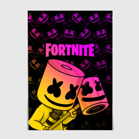 Постер с принтом FORTNITE MARSHMELLO в Санкт-Петербурге, 100% бумага
 | бумага, плотность 150 мг. Матовая, но за счет высокого коэффициента гладкости имеет небольшой блеск и дает на свету блики, но в отличии от глянцевой бумаги не покрыта лаком | chapter 2 | fortnite | marshmello | диджей | игры | маршмэллоу | молоток | фортнайт