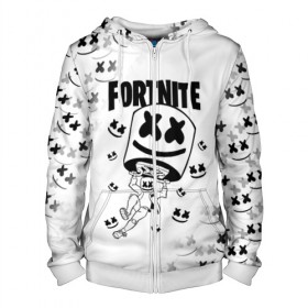 Мужская толстовка 3D на молнии с принтом FORTNITE x MARSHMELLO в Санкт-Петербурге, 100% полиэстер | длина до линии бедра, манжеты и пояс оформлены мягкой тканевой резинкой, двухслойный капюшон со шнурком для регулировки, спереди молния, по бокам два кармана | 