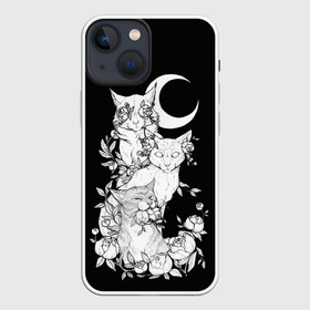 Чехол для iPhone 13 mini с принтом Котики в Санкт-Петербурге,  |  | котики | полумесяц | розы | цветы | черно белое