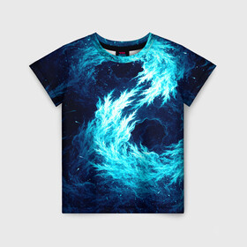 Детская футболка 3D с принтом Abstract fractal blue flame в Санкт-Петербурге, 100% гипоаллергенный полиэфир | прямой крой, круглый вырез горловины, длина до линии бедер, чуть спущенное плечо, ткань немного тянется | Тематика изображения на принте: abstract | colors | dark | flame | fractal | space | абстракция | космос | краски | огонь | пламя | тёмный | фрактал