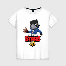 Женская футболка хлопок с принтом BRAWL STARS CROW в Санкт-Петербурге, 100% хлопок | прямой крой, круглый вырез горловины, длина до линии бедер, слегка спущенное плечо | brawl stars | bull | colt | crow | leon | stars | берли | бо | брок | ворон | джесси | динамайк | дэррил | кольт | леон | мортис | нита | пайпер | пенни | поко | пэм | рикошет | спайк | фрэнк | шелли | эль примо