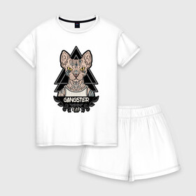 Женская пижама с шортиками хлопок с принтом кот сфинкс гангстер в Санкт-Петербурге, 100% хлопок | футболка прямого кроя, шорты свободные с широкой мягкой резинкой | гангста | гангстер | кот | крутой | стиль | сфинкс
