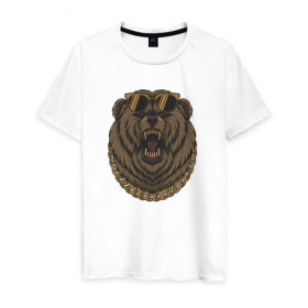 Мужская футболка хлопок с принтом медведь гангстер крутой с цепь в Санкт-Петербурге, 100% хлопок | прямой крой, круглый вырез горловины, длина до линии бедер, слегка спущенное плечо. | Тематика изображения на принте: гангстер | животные | медведь | оскал | стиль | цепь