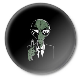 Значок с принтом Пришелец в Черном в Санкт-Петербурге,  металл | круглая форма, металлическая застежка в виде булавки | alien | men in black | ufo | инопланетяне | инопланетянин | люди в черном | нло | пришелец | пришельцы