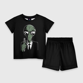 Детский костюм с шортами 3D с принтом Пришелец в Черном в Санкт-Петербурге,  |  | alien | men in black | ufo | инопланетяне | инопланетянин | люди в черном | нло | пришелец | пришельцы