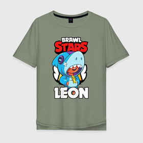 Мужская футболка хлопок Oversize с принтом BRAWL STARS LEON SHARK в Санкт-Петербурге, 100% хлопок | свободный крой, круглый ворот, “спинка” длиннее передней части | brawl stars | bull | colt | crow | leon | leon shark | shark | stars | акула | берли | ворон | динамайк | кольт | леон | леон акула | нита | спайк | шелли | эль примо
