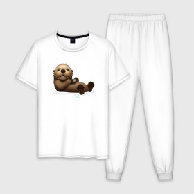 Мужская пижама хлопок с принтом Otter emoji в Санкт-Петербурге, 100% хлопок | брюки и футболка прямого кроя, без карманов, на брюках мягкая резинка на поясе и по низу штанин
 | 