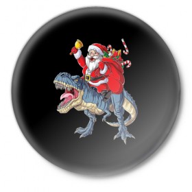 Значок с принтом Санта верxом на динозавре в Санкт-Петербурге,  металл | круглая форма, металлическая застежка в виде булавки | Тематика изображения на принте: 
