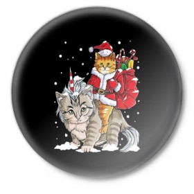 Значок с принтом Санта и кот единорог в Санкт-Петербурге,  металл | круглая форма, металлическая застежка в виде булавки | Тематика изображения на принте: 