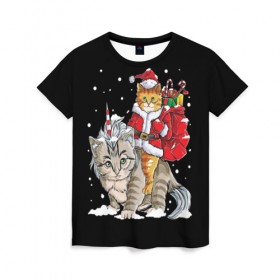 Женская футболка 3D с принтом Санта и кот единорог в Санкт-Петербурге, 100% полиэфир ( синтетическое хлопкоподобное полотно) | прямой крой, круглый вырез горловины, длина до линии бедер | 
