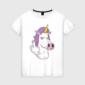 Женская футболка хлопок с принтом Злой Единорог в Санкт-Петербурге, 100% хлопок | прямой крой, круглый вырез горловины, длина до линии бедер, слегка спущенное плечо | angry | angry unicorn | unicorn | единорог | злой | злой единорог | радуга
