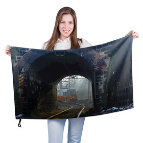 Флаг 3D с принтом Трамвай в Санкт-Петербурге, 100% полиэстер | плотность ткани — 95 г/м2, размер — 67 х 109 см. Принт наносится с одной стороны | rails | railway | tram | trees | tunnel | деревья | железная дорога | рельсы | тоннель | трамвай