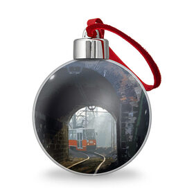 Ёлочный шар с принтом Трамвай в Санкт-Петербурге, Пластик | Диаметр: 77 мм | rails | railway | tram | trees | tunnel | деревья | железная дорога | рельсы | тоннель | трамвай