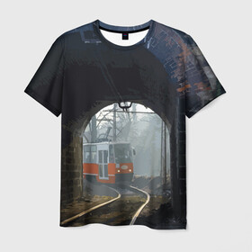 Мужская футболка 3D с принтом Трамвай в Санкт-Петербурге, 100% полиэфир | прямой крой, круглый вырез горловины, длина до линии бедер | rails | railway | tram | trees | tunnel | деревья | железная дорога | рельсы | тоннель | трамвай