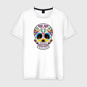 Мужская футболка хлопок с принтом Мексиканский череп - Skull в Санкт-Петербурге, 100% хлопок | прямой крой, круглый вырез горловины, длина до линии бедер, слегка спущенное плечо. | calavera | day of the dead | dia de los muertos | halloween | skull | sugar skull | готика | день мертвых | колдовство | мексиканский череп | мистика | подарок | сахарный череп | цветы | череп