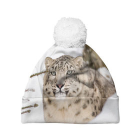 Шапка 3D c помпоном с принтом Ирбис в Санкт-Петербурге, 100% полиэстер | универсальный размер, печать по всей поверхности изделия | snow leopard | барс | барсы | животное | животные | звери | зверь | зима | зимы | ирбис | киски | кот | коты | кошачьи | кошка | кошки | мохнатые | мохнатый | пятнистые | пятнистый | снег | снежный