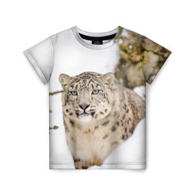 Детская футболка 3D с принтом Ирбис в Санкт-Петербурге, 100% гипоаллергенный полиэфир | прямой крой, круглый вырез горловины, длина до линии бедер, чуть спущенное плечо, ткань немного тянется | Тематика изображения на принте: snow leopard | барс | барсы | животное | животные | звери | зверь | зима | зимы | ирбис | киски | кот | коты | кошачьи | кошка | кошки | мохнатые | мохнатый | пятнистые | пятнистый | снег | снежный