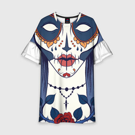 Детское платье 3D с принтом Мексиканский сахарный череп в Санкт-Петербурге, 100% полиэстер | прямой силуэт, чуть расширенный к низу. Круглая горловина, на рукавах — воланы | day of the dead | dia de los muertos | gothic | halloween | skull | sugar skull | готика | день мертвых | женский череп | мексиканский череп | мистика | подарок | сахарный череп | хэллоуин