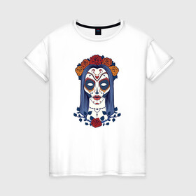 Женская футболка хлопок с принтом Мексиканский сахарный череп в Санкт-Петербурге, 100% хлопок | прямой крой, круглый вырез горловины, длина до линии бедер, слегка спущенное плечо | day of the dead | dia de los muertos | gothic | halloween | skull | sugar skull | готика | день мертвых | женский череп | мексиканский череп | мистика | подарок | сахарный череп | хэллоуин