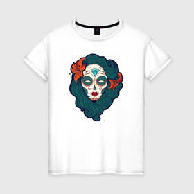 Женская футболка хлопок с принтом Мексиканский сахарный череп в Санкт-Петербурге, 100% хлопок | прямой крой, круглый вырез горловины, длина до линии бедер, слегка спущенное плечо | day of the dead | dia de los muertos | gothic | halloween | skull | sugar skull | готика | день мертвых | женский череп | мексиканский череп | мистика | подарок | сахарный череп | хэллоуин