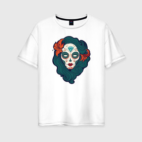 Женская футболка хлопок Oversize с принтом Мексиканский сахарный череп в Санкт-Петербурге, 100% хлопок | свободный крой, круглый ворот, спущенный рукав, длина до линии бедер
 | day of the dead | dia de los muertos | gothic | halloween | skull | sugar skull | готика | день мертвых | женский череп | мексиканский череп | мистика | подарок | сахарный череп | хэллоуин