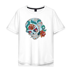 Мужская футболка хлопок Oversize с принтом Череп с цветами в Санкт-Петербурге, 100% хлопок | свободный крой, круглый ворот, “спинка” длиннее передней части | Тематика изображения на принте: 8 марта | day of the dead | gothic | halloween | skull | sugar skull | день мертвых | женский череп | мексиканский череп | новый год | подарок | сахарный череп | хэллоуин | человек | череп девушки