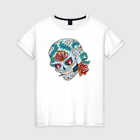 Женская футболка хлопок с принтом Череп с цветами в Санкт-Петербурге, 100% хлопок | прямой крой, круглый вырез горловины, длина до линии бедер, слегка спущенное плечо | 8 марта | day of the dead | gothic | halloween | skull | sugar skull | день мертвых | женский череп | мексиканский череп | новый год | подарок | сахарный череп | хэллоуин | человек | череп девушки